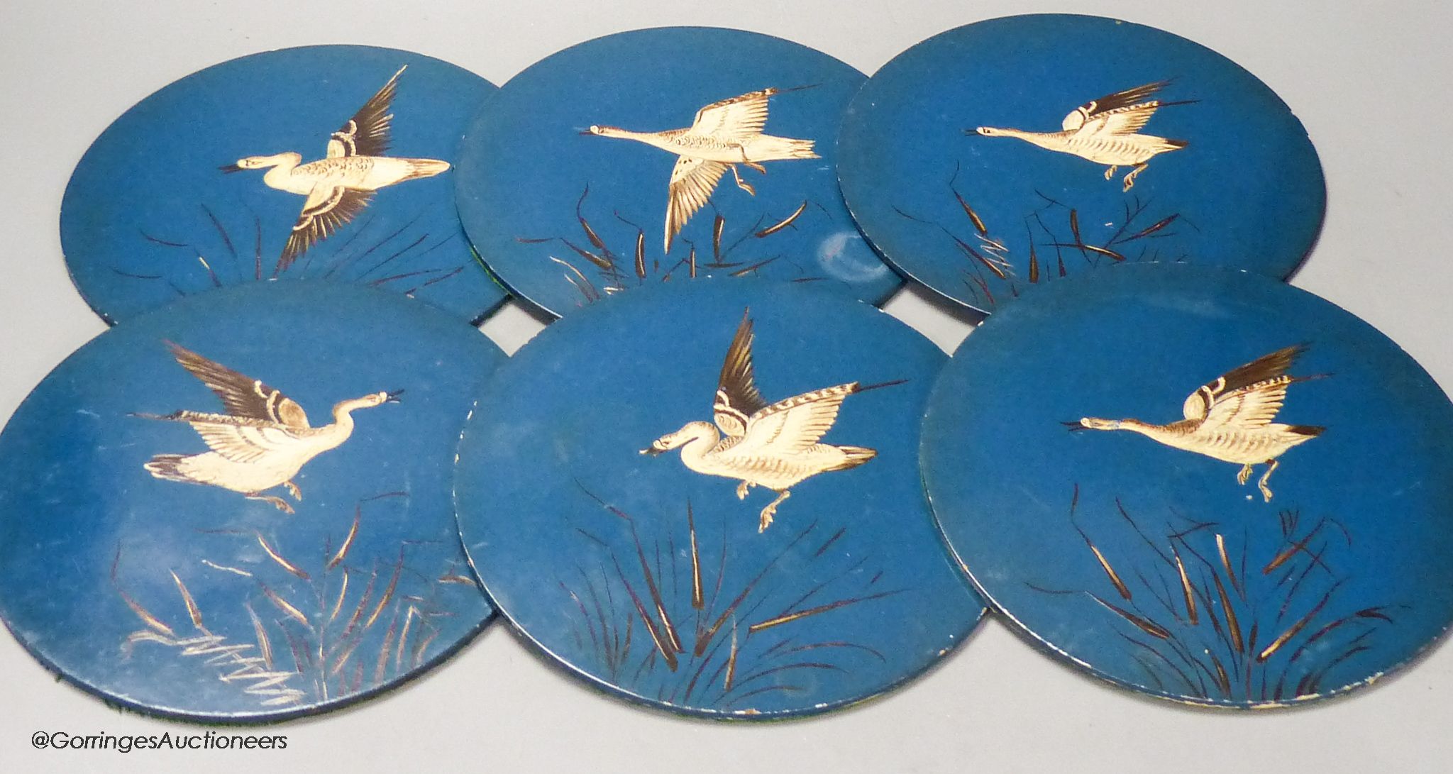 A set of six 'goose' painted coasters, diameter 20cm